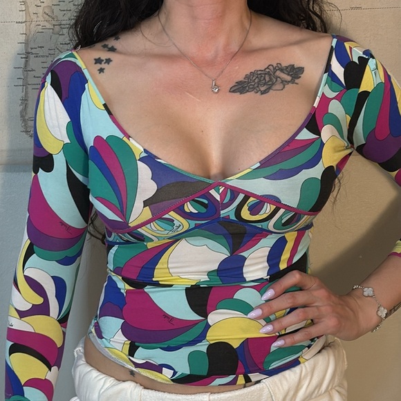 Emilio Pucci Plunge V-Neck 3/4 Length Sleeve Multi-Colored Marmo Print Top XS - Picture 12 of 12